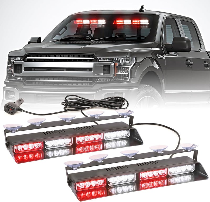 PKINGLAKE 2 in 1 LED Emergency Dash Strobe Light Bar Front/Rear Windshield Safety Flashing Warning Hazard Interior Lights for Police Firefighter Construction Vehicles Trucks (2x14 inch, Red/White) - Image 1